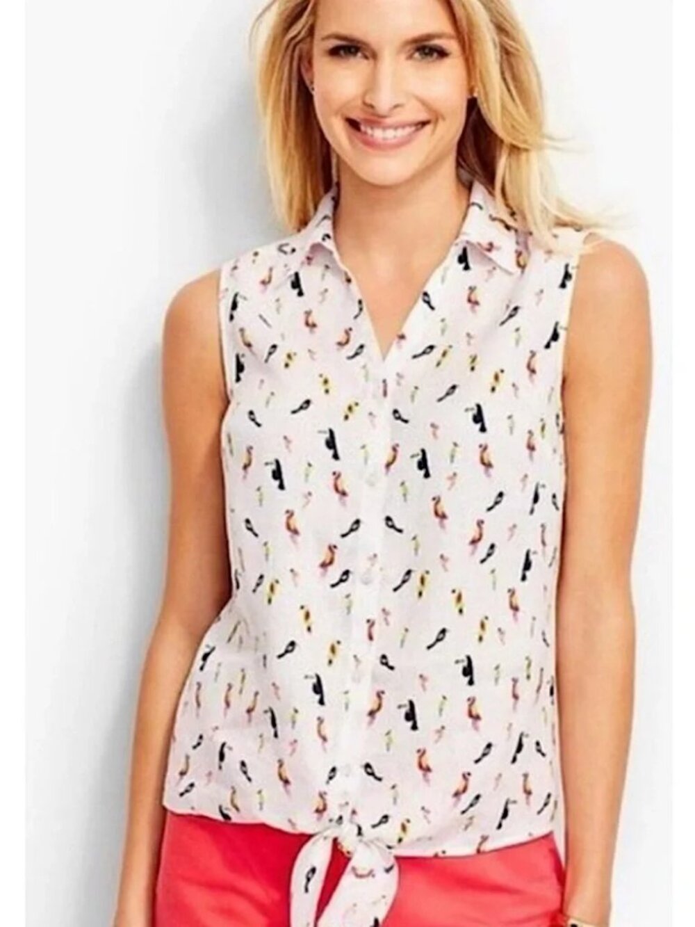 Talbots 100% Linen Parrot Novelty Print Sleeveless Blouse White Tropical Size MP